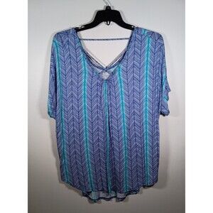 APT. 9 Strappy Knit Blouse Blue Short Sleeve Herringbone Print Plus Size 2X